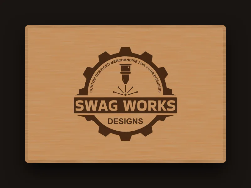 Swagworks logo engraved on a wooden box lid