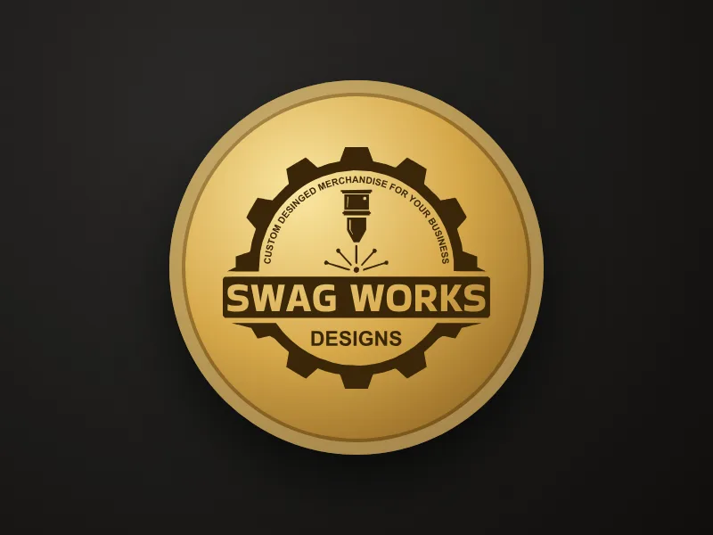 Swagworks logo deep-engraved on a brass medallion