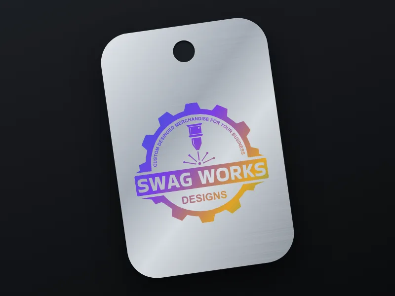 Swagworks logo color-marked on a stainless steel tag