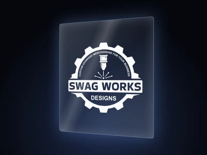 Swagworks logo engraved inside a crystal block