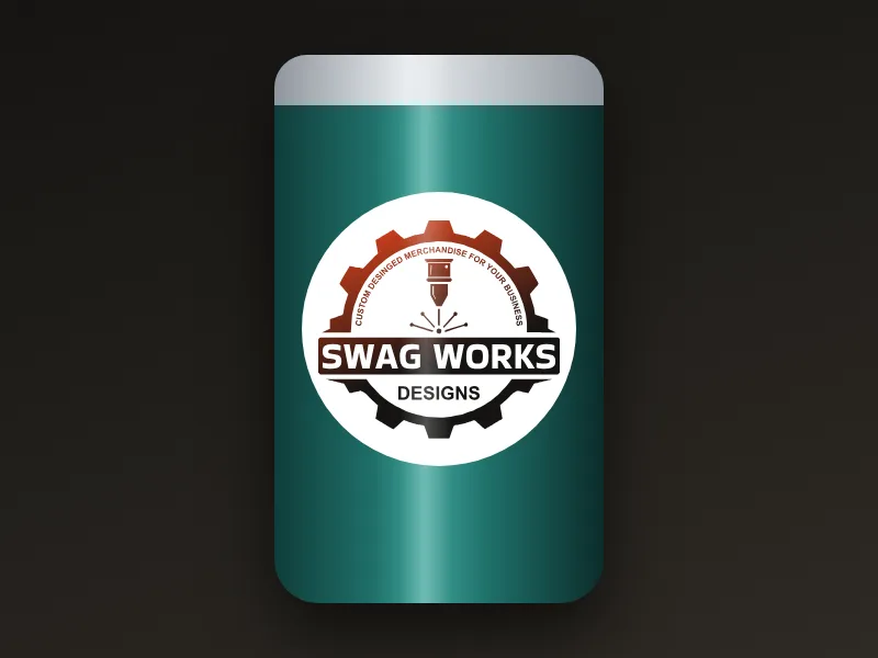 Swagworks logo UV printed on a teal tumbler